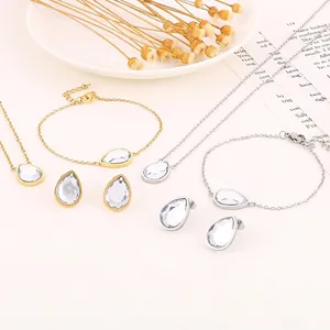Bijoux Élégants Pour Femmes Avec Zircons En Forme De Goutte Collier Bracelet Et Boucles D'oreilles En Acier Inoxydable