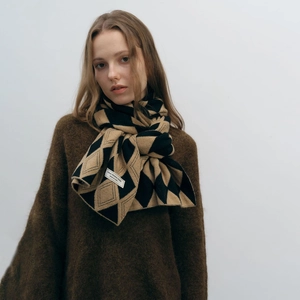 Black and khaki diamond knit scarf for women with designer label on high-quality knitwear