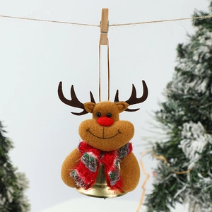 Close-up of plush reindeer Christmas ornament with red scarf and golden bell detail