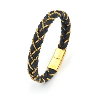 Men's black braided leather bracelet with golden metal chain and magnetic clasp