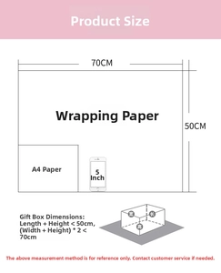 Size guide for blue checkered wrapping paper with dimensions and box sizing diagrams