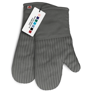 Detail of grey silicone oven mitts with stripe texture and cotton wrist guard