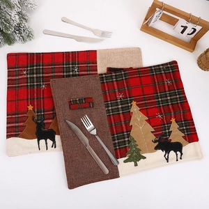 Christmas Placemat Plaid Faux Linen Table Mat With Cutlery Pocket Reindeer Embroidery Holiday Dining Decor