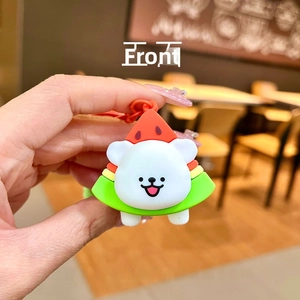 Detail view of a cute bear keychain with watermelon hat, size 4.6 x 4.7 x 5 cm