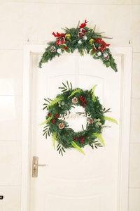 Detail view of 55cm Christmas wreath and swag set with pine needles and welcome sign