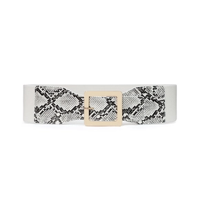 Detail of white elastic waist belt with green snake pattern and square gold buckle