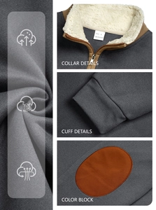 Detail view of men's quarter-zip fleece pullover with sherpa lining and elbow patches