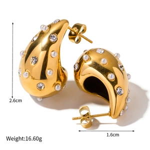 Golden teardrop earrings with white pearls and rhinestones, size 2.6cm by 1.6cm