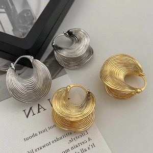Crescent Hoop Earrings Copper Metal Irregular Stripes Wrinkled Texture Retro High-End Geometric Jewelry For Women