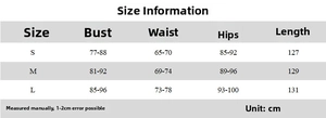 Detailed size chart for evening fishtail dress including bust, waist, hips, and length