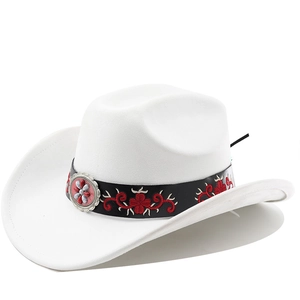 White suede cowboy hat featuring an embroidered leather band and vintage metal buckle detail