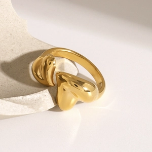 Minimalist gold stainless steel open ring with double heart design on white stone