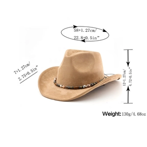 Détails du chapeau de cowboy en daim camel avec mesures de taille et ruban perlé