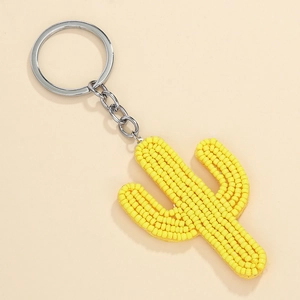 Handmade yellow beaded cactus keychain with bohemian style and silver metal ring