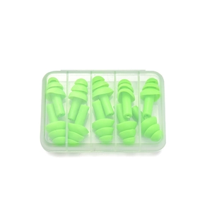 Set of 10 fluorescent green silicone earplugs in a clear plastic five-grid storage case