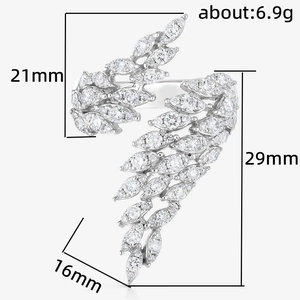 Sparkling angel feather open ring with white cubic zirconia and detailed dimensions