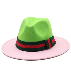 Detail of wool fedora with neon green crown pink brim and red green striped band