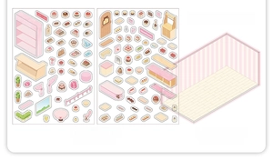 Macro view of Corner Dessert DIY sticker set with PET material and scene card details