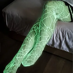 Collants résille vert fluorescent grande taille à motif toile d'araignée pour femmes