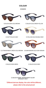 Detailed grid of oval sunglasses in 9 colors featuring rivet accents and various frames