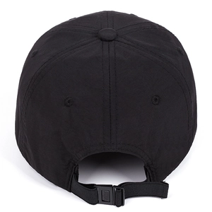 Back view of black minimalist quick-dry baseball cap with adjustable buckle and strap