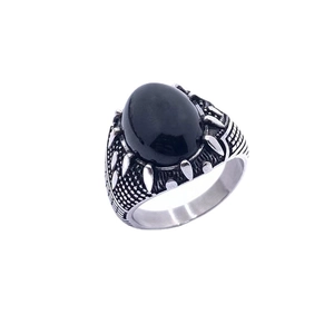 Vintage stainless steel ring for men featuring a large oval black gemstone and textured band