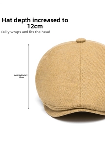 Detail shot of khaki wool newsboy cap featuring a 12cm deep crown for perfect fit