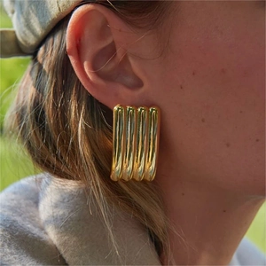 Elegant 18k gold plated stainless steel earrings with textured rectangular wave pattern