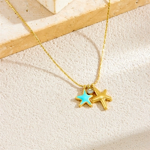 Gold stainless steel chain necklace with blue enamel and polished starfish pendants
