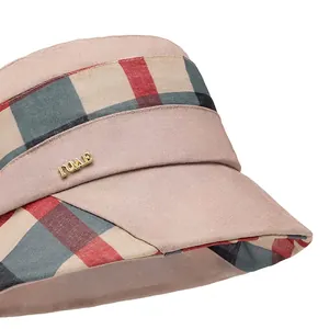 Plaid elegant sun hat for women with wide brim and decorative metal LOVE logo