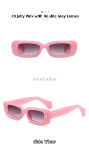 Detailed views of jelly pink rectangular sunglasses with grey lenses and gold diamond rivets