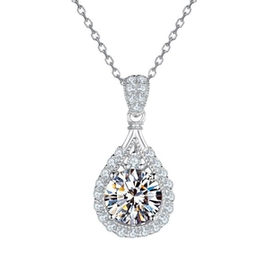 Sparkling pear cut silver necklace pendant with halo pavé settings on elegant link chain