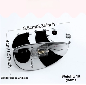 Detailed view of panda claw clip showing the 8.5cm length and strong metal spring