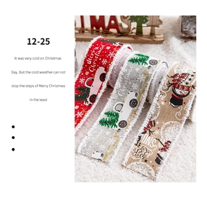 Detailed view of burlap Christmas ribbons with velvet edges and festive car prints