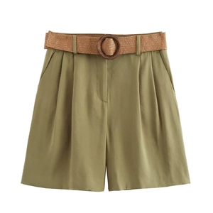 Army green high-waisted shorts featuring a brown woven belt with a round buckle