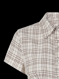 Detail of French plaid short sleeve shirt showing collar buttons and fabric texture