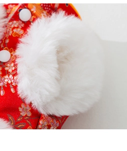 Detailed macro view of Chinese Tang suit pet vest with floral embroidery and white faux fur