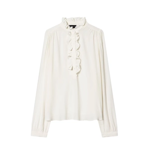 Elegant white viscose long sleeve blouse with ruffle collar and button detailing