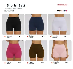 Close-up of high-waist yoga shorts in six vibrant colors showing elastic fabric texture