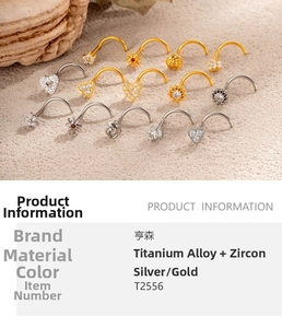 Détail de piercings de nez en titane avec zircons cœur et fleur en finitions or et argent