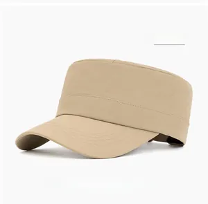 Detail of khaki cadet cap showing fine fabric texture and parallel visor stitching