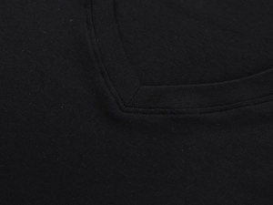 Detail view of the V-neckline stitching on a black Tencel wool knit short sleeve top