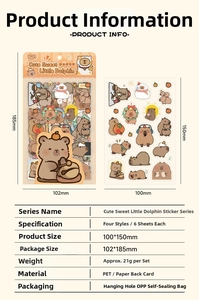 Detail view of 6-sheet Capybara PET sticker set including dimensions and product specifications