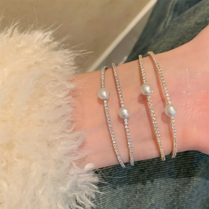 French style double-layer pearl and zircon open bracelet set with gold and silver finish