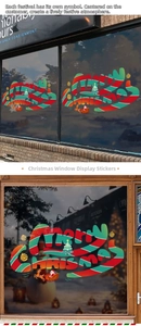 Close-up of Merry Christmas window stickers with Santa, tree and gold bells for shop displays