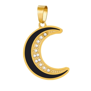 Macro detail of golden crescent pendant with black inlay and small white crystals