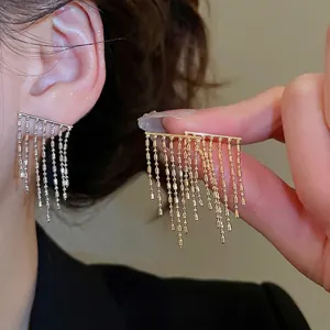 Geometric Tassel Stud Earrings With Silver Earring Post Elegant Copper Bead Chain Dangle Jewelry For Women Party Gift