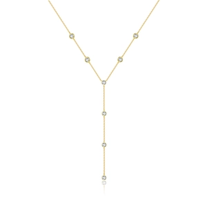 Elegant gold Y-shaped necklace featuring sparkling round-cut crystals on a white background