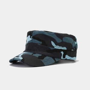 Side view of blue camo military flat top hat with durable brim for outdoor exploration