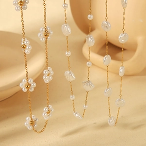 Artificial Baroque Pearl Necklace Stainless Steel 18K Gold Plated Shell Flower Elegant Jewelry For Women Tarnish Resistant